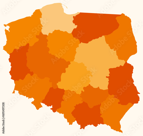 Map of Poland with regions. Just a simple country border map with region division. Orange color palette. Blank Poland shape with administrative division. Vector illustration.