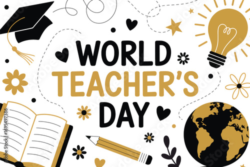 Celebrating world teacher's day with educational icons and decorative elements on a white background