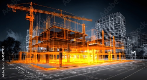 A digital rendering of a modern building under construction, highlighted with vibrant orange lines, showcasing the structural framework.