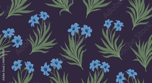 Elegant floral pattern with blooming blue flax flowers and lush green leaves for textile design projects