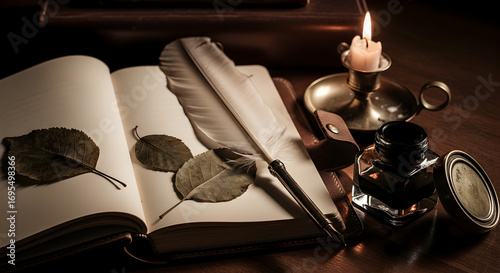 Still life of a candle, a feather pen, inkwell, and a journal with leaves and candles