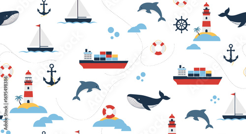 Whimsical nautical pattern with ships, lighthouses, anchors, dolphins, and whales for playful designs