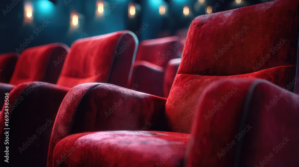 Fototapeta premium A cozy red velvet movie theater seat, dimly lit with a blurred background of the theater.