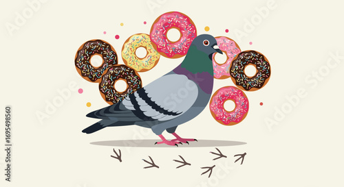 Whimsical pigeon with colorful donuts illustration evokes humor and playfulness for quirky brand advertising