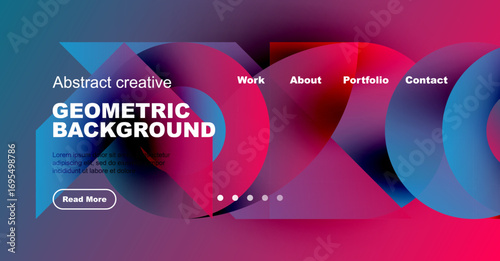 Modern website header design. Vibrant colors, geometric shapes, text elements present. Clean layout, professional aesthetic.