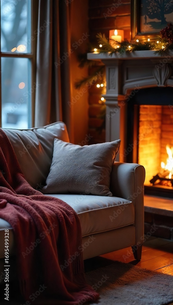 Fototapeta premium Cozy winter scene featuring a plush couch with soft throw blankets, illuminated by warm, inviting fireplace light Perfect for relaxation and comfort during the cold season , interior, plush