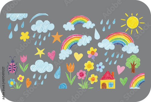Whimsical rainbows and sunshine a cheerful collection of cartoon weather elements and springtime flora for children s designs