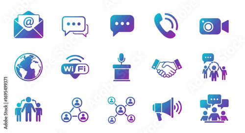 Modern communication and social media icon set with a vibrant gradient, featuring vector symbols for internet, business, and technology