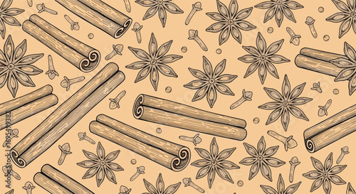 Delightful cinnamon sticks, clove buds, and star anise pattern for inviting autumn and holiday designs