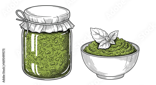 Fresh flavorful pesto illustration ready for pasta or dipping with vibrant green basil leaves and elegant glass jar