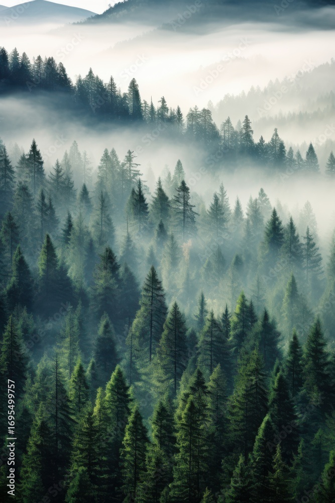 Fototapeta premium Misty evergreen forest canopy layers trees conifer