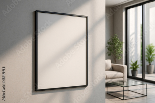 A4 poster mockup, black frame on wall, modern living room interior, minimalist home decor, blank template for presentation, photorealistic 3D render