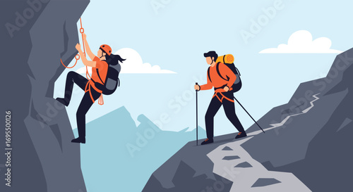 Brave adventurers hiking and rock climbing outdoors on a stunning mountain trail in nature