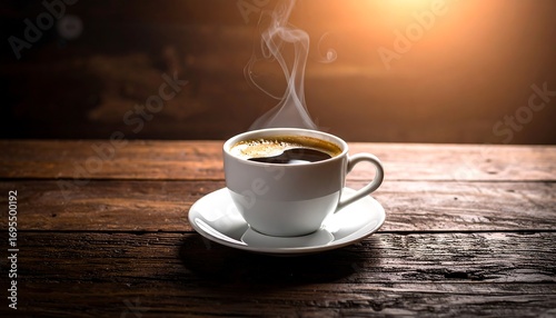 Hot coffee cup on wooden table background with steam and sunlight effect
