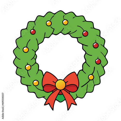 A festive Christmas wreath adorned with evergreen branches, bright red berries, pinecones, and a cheerful bow, symbolizing holiday warmth, joy, and celebration.
