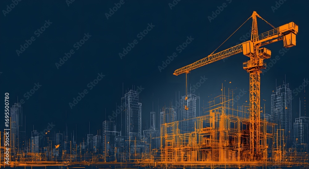 Fototapeta premium A detailed architectural rendering of a construction site with a prominent crane and a modern skyline.