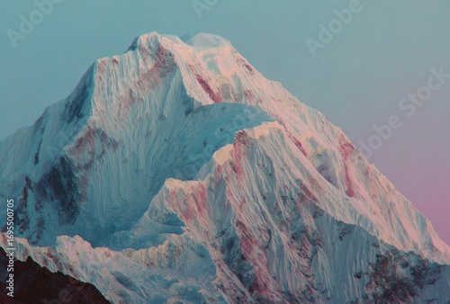 Towering snow-capped mountain peak bathed in soft, pastel light. The jagged, ice-covered terrain is contrasted against a faded sky