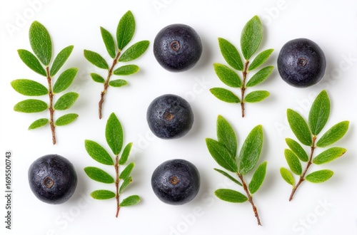 An arrangement of blueberries and green leafy twigs on a white background, viewed from directly above