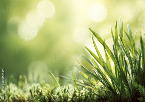 Blades of grass grow on moss under soft sunlight creating a peaceful, nature scene with blurred, bokeh background in shades of green and yellow