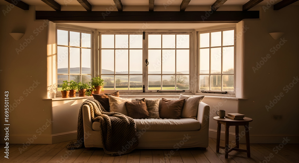 Fototapeta premium Sunlit Window View of a Comfortable Sofa in a Charming Cozy Room Scene