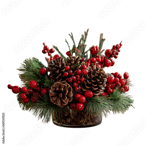 Festive christmas centerpiece with pine cones and red berries isolated on transparent background.