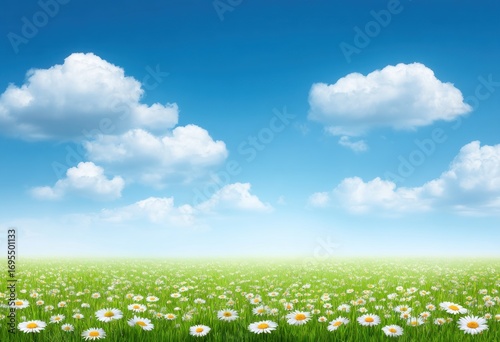 A serene meadow with daisies stretches to the horizon under a vibrant blue sky filled with fluffy white clouds on a sunny day