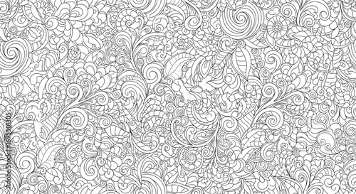 Intricate hand-drawn floral swirls and leaves pattern for coloring books or elegant background design