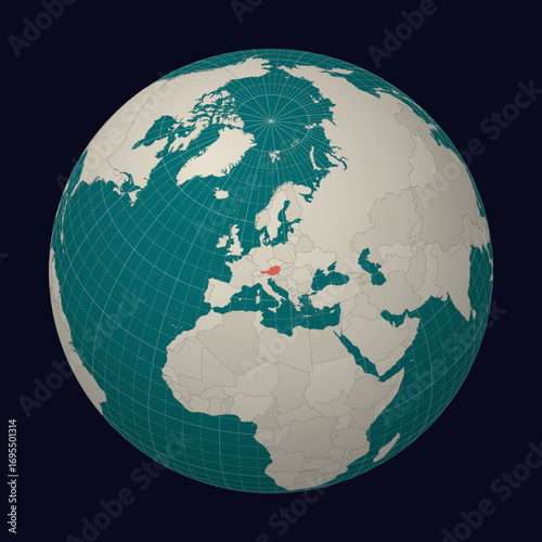 Austria on the map. Globe centered to Austria. Country location on the world map. Teal Pale Mint color palette. Globe with countries, meridians and parallels. Stylish vector illustration.