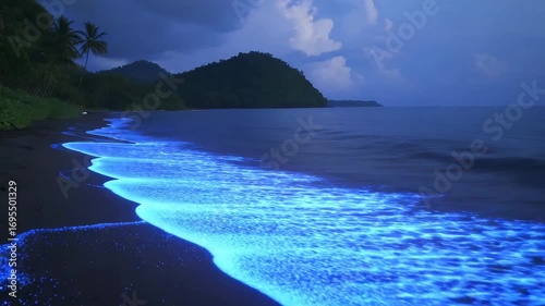 Spectacular Bioluminescent Waves Illuminate a Dark Tropical Beach Under a Starry Night Sky