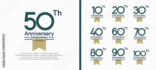 set of anniversary logo style with golden ribbon. vector design green color for celebration