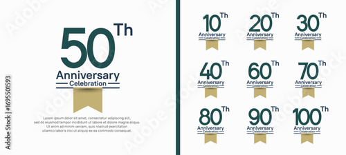 set of anniversary logo style with golden ribbon. vector design green color for celebration