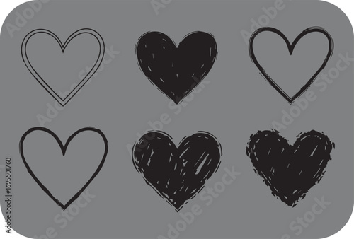 A collection of six hand drawn hearts in various styles including outlined and filled black hearts presented on a gray background
