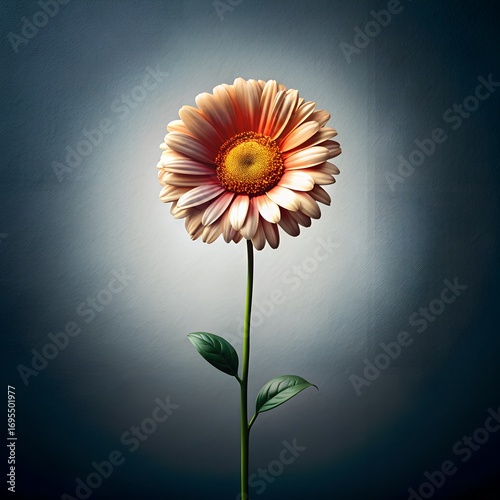 Single gerbera daisy flower with vibrant petals and stem against textured backdrop