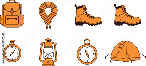 Camping gear vector set, backpack, rope, hiking boots, compass, lantern, tent, outdoor travel equipment, survival tools, adventure exploration illustration