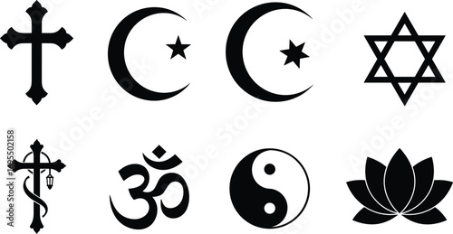 Collection of black religious and spiritual symbols including Christian cross, Islamic crescent moon and star, Star of David, Om symbol, Yin Yang, and lotus flower icons.