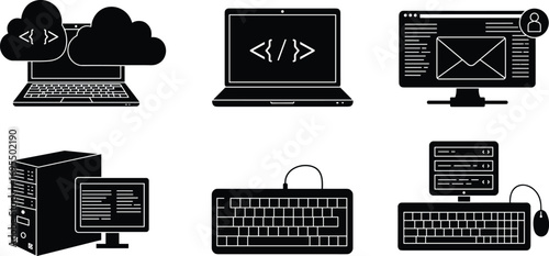 Cloud computing technology, laptop coding, programming interface, email communication, server computer, keyboard device, desktop setup, software development tools,