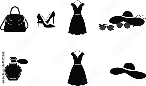 Fashion accessories collection including black handbag, high heels shoes, elegant dress on mannequin, stylish sunglasses, wide-brim hat, and classic perfume bottle.