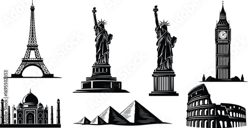 Famous world landmarks illustration, Eiffel Tower, Statue of Liberty, Big Ben, Taj Mahal, Pyramids, Colosseum, global travel, tourism, architecture
