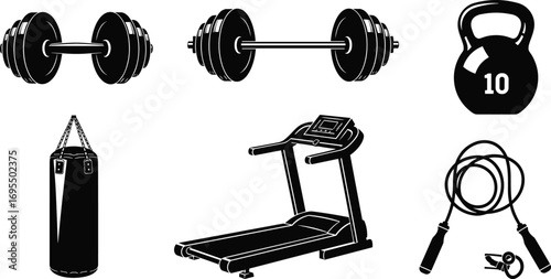 Gym fitness equipment silhouette set, dumbbell, barbell, kettlebell, treadmill, punching bag, jump rope, black vector illustration, workout training design