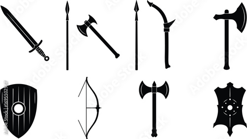 Medieval weapons and shields silhouette set, sword, spear, axe, bow icons, ancient battle tools collection, black vector illustration pack
