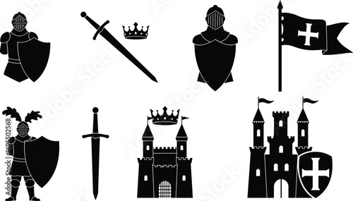 Medieval knight icons set, armored warrior with shield, sword and crown symbols, castle fortress, medieval flag, historical armor, chivalry and protection concept.