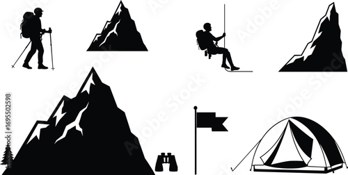 Mountain climbing adventure, hiking silhouette, outdoor camping gear, trekking equipment, mountain peak, flag marker, backpacker hiking, tent camping