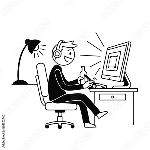 A black and white stick figure illustration of a person wearing headphones, working on a computer at a desk with a lamp, while holding a bottle.