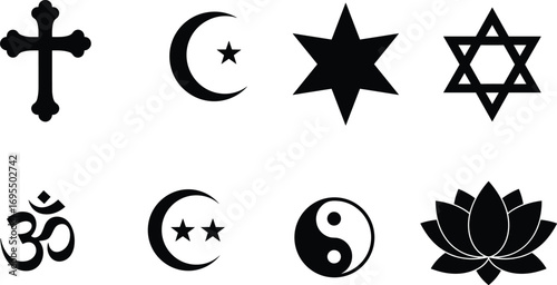 Set of black religious and spiritual symbols including Christian cross, Islamic crescent with star, six-pointed star, Star of David, Om symbol, crescent moon with two stars, Yin Yang 