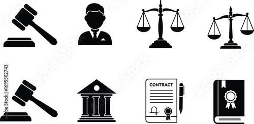 Set of black legal icons including judge gavel, lawyer silhouette, justice scales, courthouse building, contract document with pen, law book symbol.