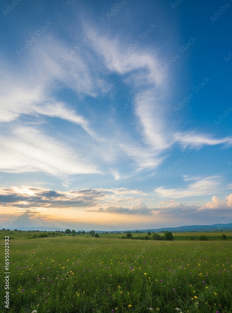 Fototapeta premium Soft orange light sunset on the sky in the grassland flower fields