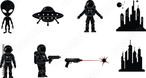Set of space and alien icons featuring extraterrestrial being, UFO flying saucer, astronaut figures, futuristic cityscapes, laser guns firing, and space explorer silhouettes.