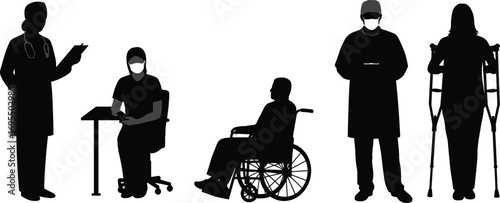 Silhouette healthcare professionals with medical staff, patient in wheelchair, nurse sitting at desk with mask, doctor holding clipboard, and patient with crutches.