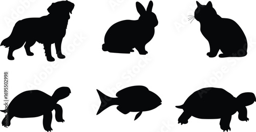 Silhouette icons of common pets including dog, cat, rabbit, fish, turtle, and tortoise for animal design, pet shop, or veterinary projects.