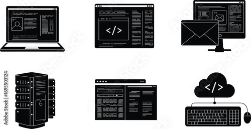 Technology icons, software development, programming, cloud computing, server, laptop, desktop, coding interface, keyboard, mouse, email, network, digital workspace, IT infrastructure, modern 